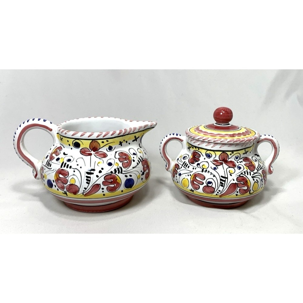Deruta Rooster Creamer + Sugar Italian Pottery‎ Hand Painted Italy Red White